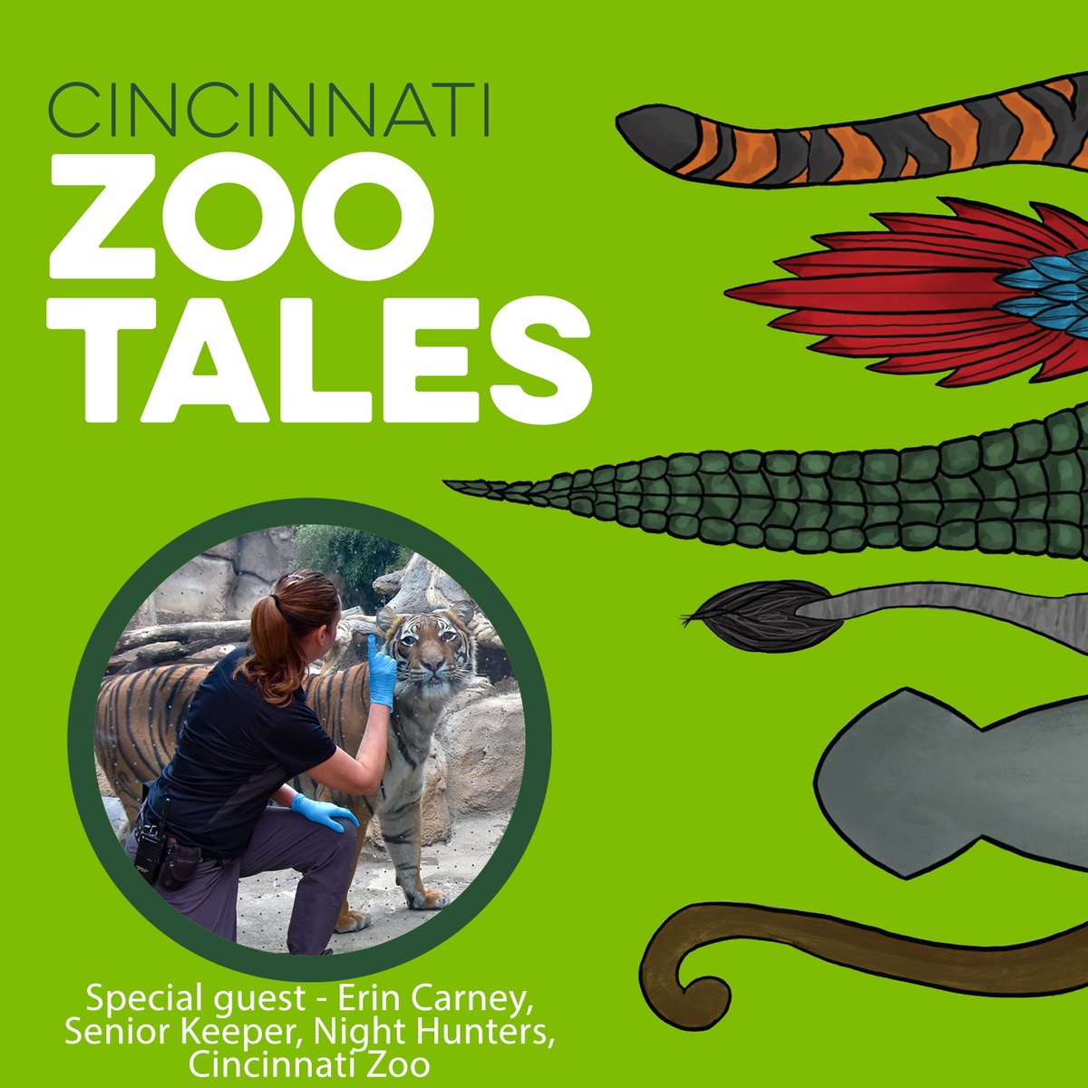 Zoo Tales Logo with photo of Senior Keeper Erin and Tiger
